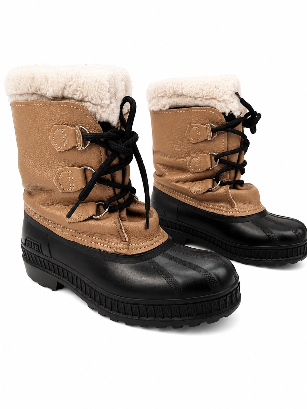 Sorel Badger winter boots beige leather duck black rubber shell women’s size 8